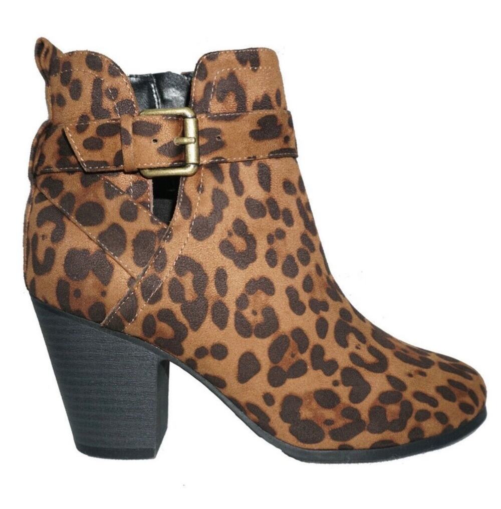 Time and Tru brown leopard print block heel ankle boots buckle 7.5 New booties